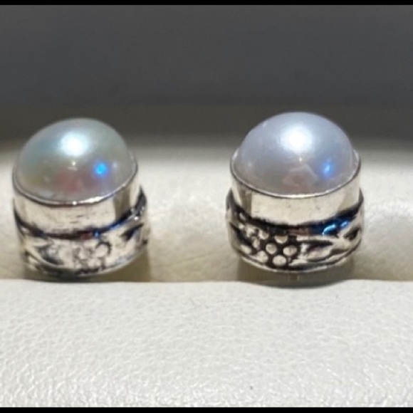 Sterling Silver Faux Pearls Stud Earrings - Picture 2 of 4